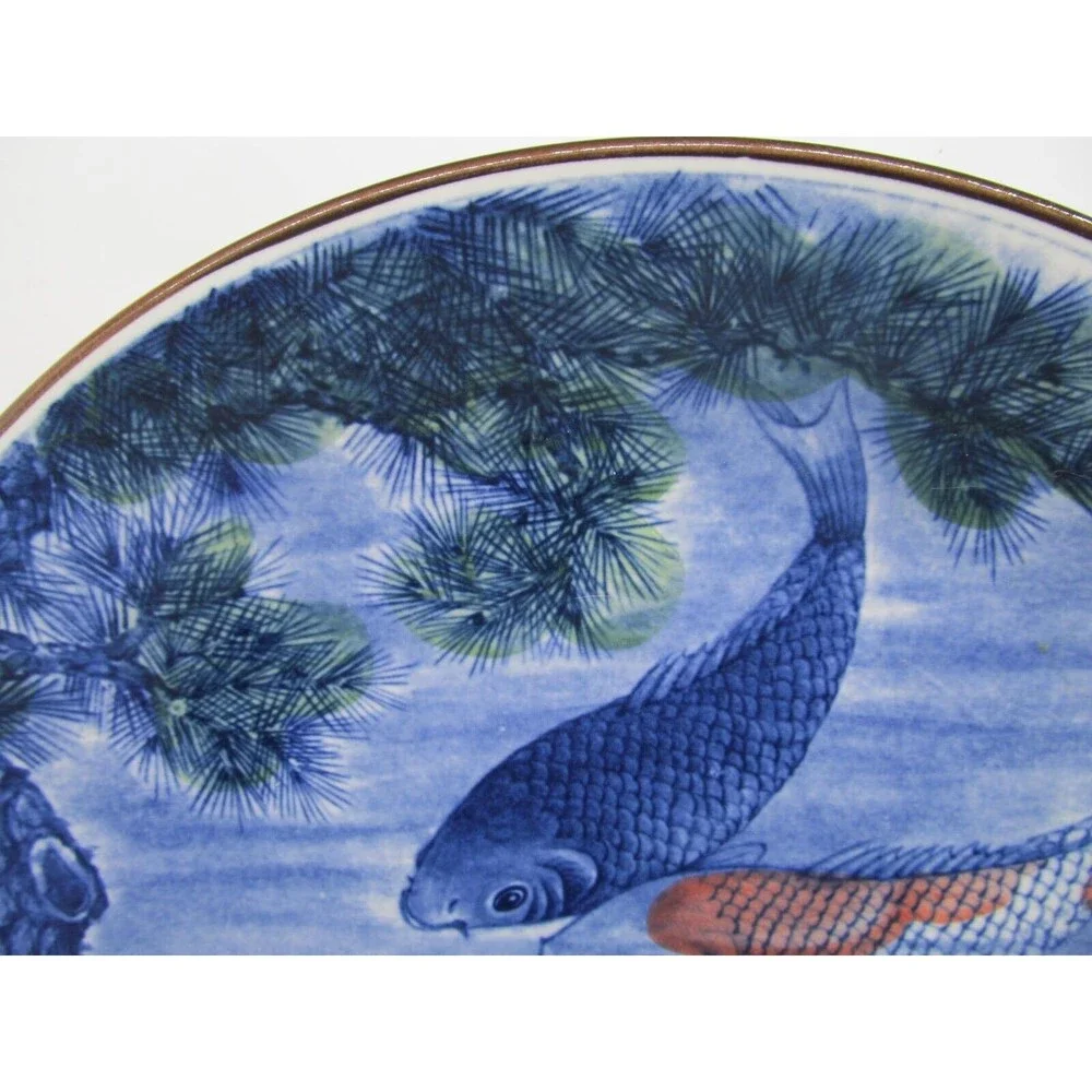 Vintage Japanese Toyo Koi Fish Blue Round Platter 12.5